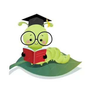 A cartoon bookworm in glasses and a graduation cap, reading a red book on a leaf.