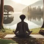 Meditating person by a lake.