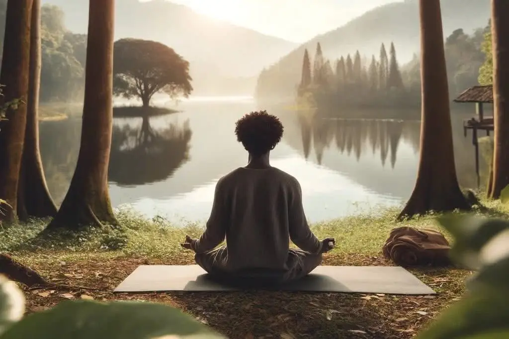 Meditating person by a lake.