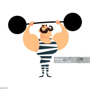 A cartoon strong man holding a bar of weights above his head.
