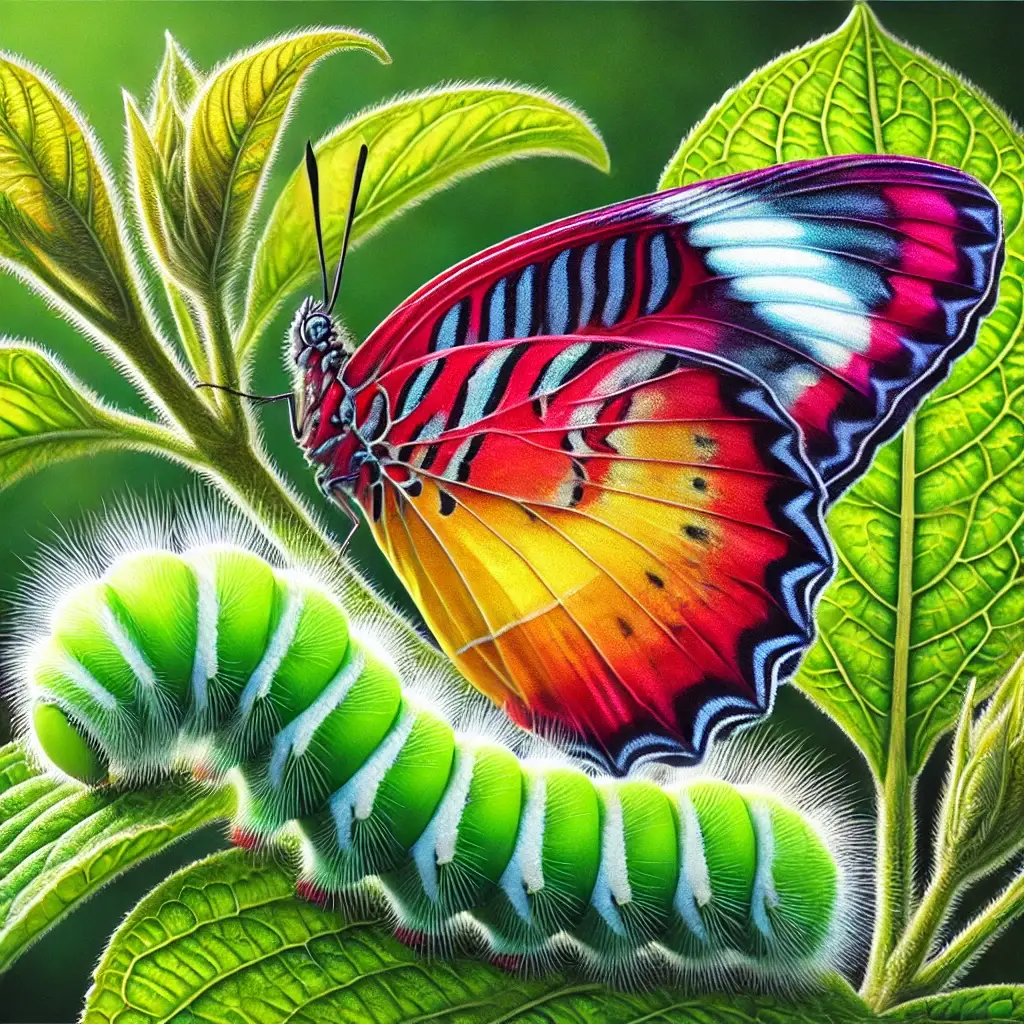 A butterfly with added colors blending red, orange, yellow, and subtle purple tones, giving it a vibrant, multicolored look next to the green caterpillar.