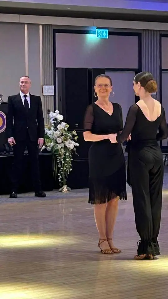 Vicky and partner Anna getting ready for the Samba, the length Dress with tassels at the bottom.