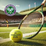 AI generated image of a tennis racket and ball infront of a green Wimbledon background.