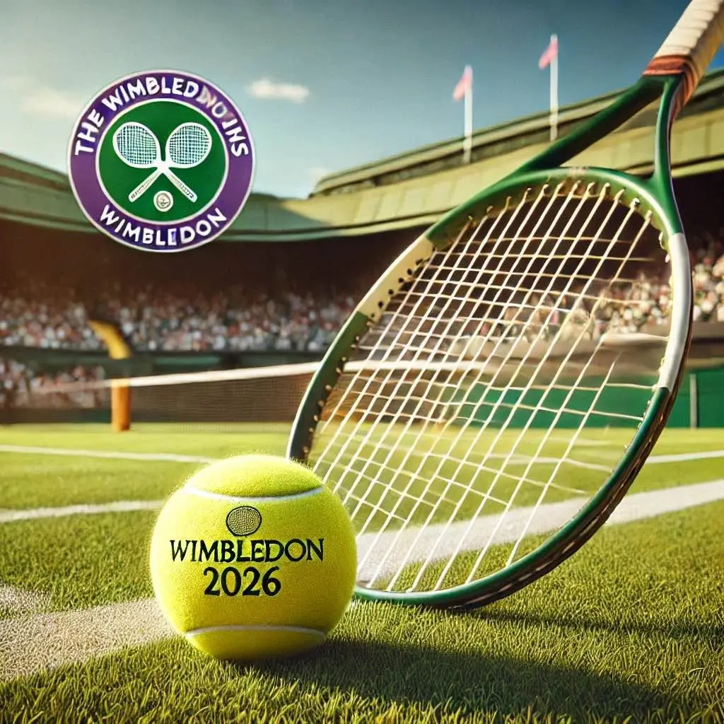AI generated image of a tennis racket and ball infront of a green Wimbledon background.