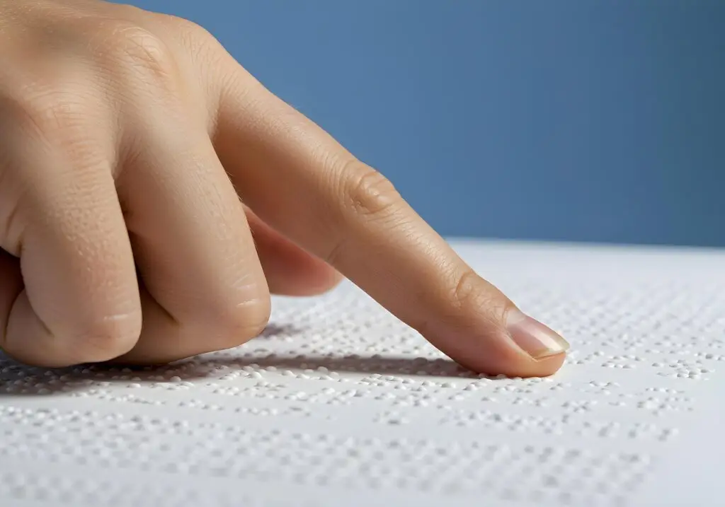 A hand with a pointed finger reading braille.