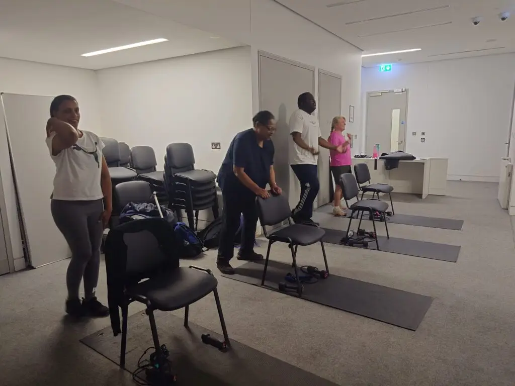 Visually impaired people at the London Aquatics Centre Gym.