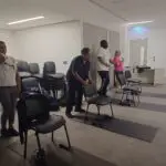 Visually impaired people at the London Aquatics Centre Gym.